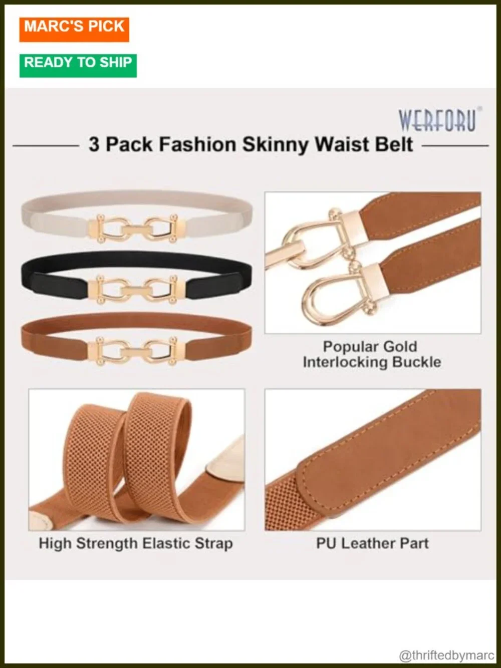 3 Pack Skinny Stretchy Belt with Gold Buckle for Jeans Dress